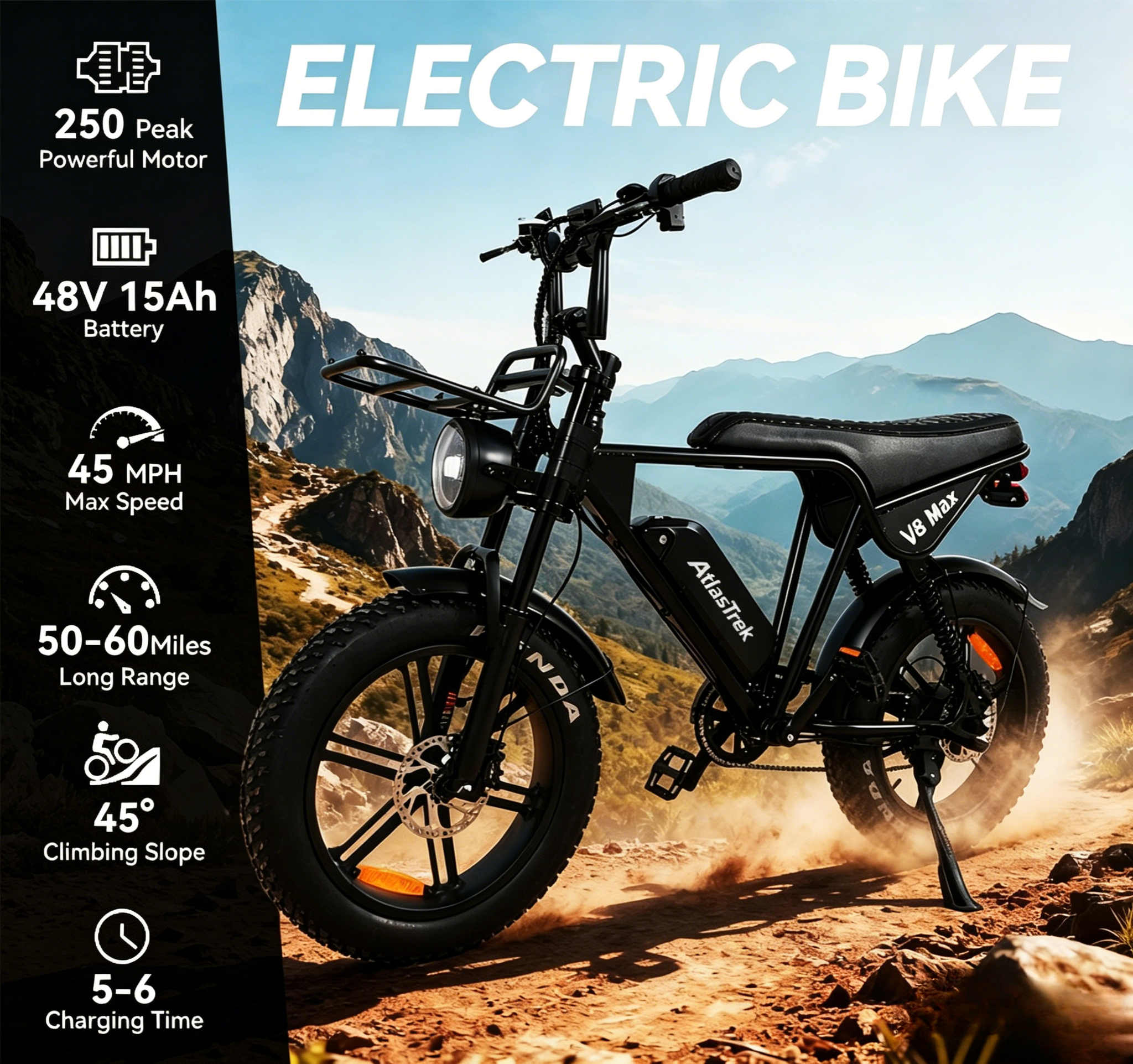 V8 Max | 250W | 48V 15Ah|50-60 Miles | 45° Climb|5-6h Charge|20*4.0