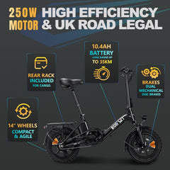 E14 white/black | 36V 10.4Ah | 25-35KM | 14*2.5 inch | 20.8KG | Front and rear disc brakes | Front shock absorber