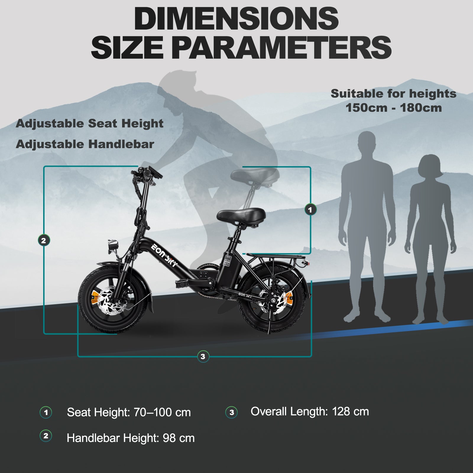 E14 white/black | 36V 10.4Ah | 25-35KM | 14*2.5 inch | 20.8KG | Front and rear disc brakes | Front shock absorber