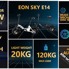 E14 white/black | 36V 10.4Ah | 25-35KM | 14*2.5 inch | 20.8KG | Front and rear disc brakes | Front shock absorber