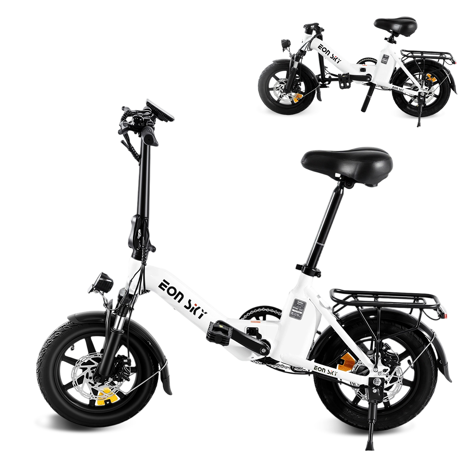 E14 white/black | 36V 10.4Ah | 25-35KM | 14*2.5 inch | 20.8KG | Front and rear disc brakes | Front shock absorber