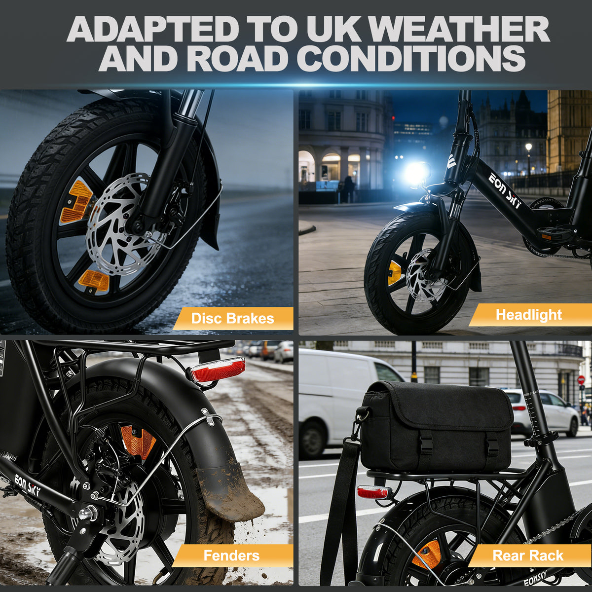 E14 white/black | 36V 10.4Ah | 25-35KM | 14*2.5 inch | 20.8KG | Front and rear disc brakes | Front shock absorber