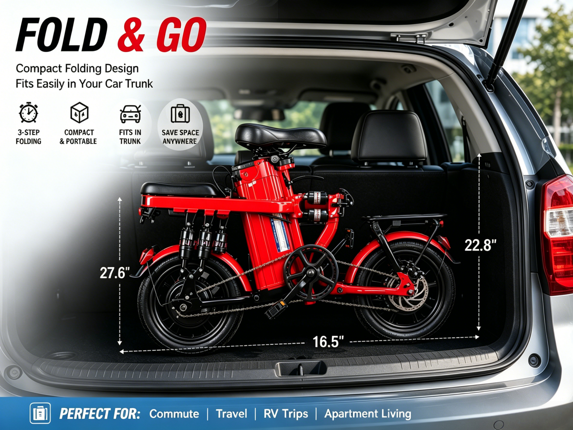 Foldable Electric Bike for Adults, 800W Peak Motor,20MPH Ebike, 30 Miles Range, 48V15Ah RemovableBattery, 3 Riding Modes